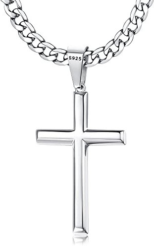 Chriscoco 925 Sterling Silver Cross Pendant Necklace for Men Women 5mm Stainless Steel Diamond-Cut Durable Cuban Link Chain Crucifix Necklace Polished Beveled Edge Cross Chain Necklace Jewelry