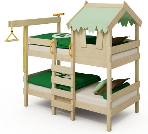 Wickey Kinderbett Crazy Huggy - Etagenbett, Spielbett für Kinder aus Massivholz mit Planendach - 90 x 200 cm - pastellgrüne Plane