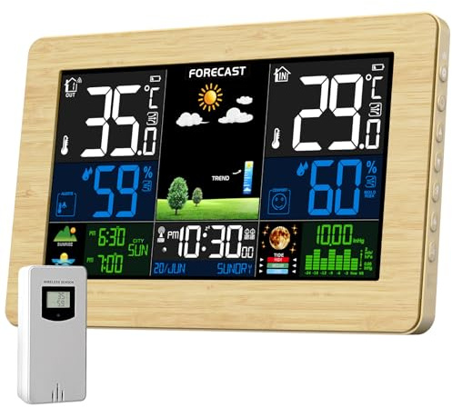 VOKSUN Wetterstation Funk mit Außensensor, Farbdisplay, Thermometer Hygrometer mit Wettervorhersage, DCF Funkuhr, Batteriebetrieb und Netzbetrieb(Holzmaserungsfarbe)