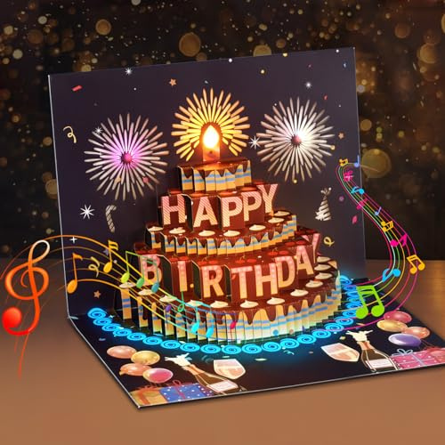 Clheatky Musical Birthday Cards, Pop Up Birthday Card with Music and Light, Firework Greeting Card with Interactive Blowable Candle, Birthday Gifts for Women Men Kids Child Father Wife, Colorful
