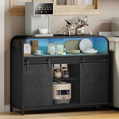 Hzuaneri Credenza con Luci a LED, Mobile da Cucina con Multipresa, Mobiletto Portaoggetti, con 2 Ante Scorrevoli, 35 x 100 x 80 cm, Ripiani Regolabili, Cucina, Zona Giorno, Nero SC00104BEU