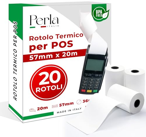 Perla Rotoli POS 57x20 – Carta Termica Alta Qualità – Confezione da 20 | Rotoli termici 57x20 compatibili POS Nexi, SumUp, Ingenico; stampa nitida, carta liscia e scorrevole per ricevute chiare.