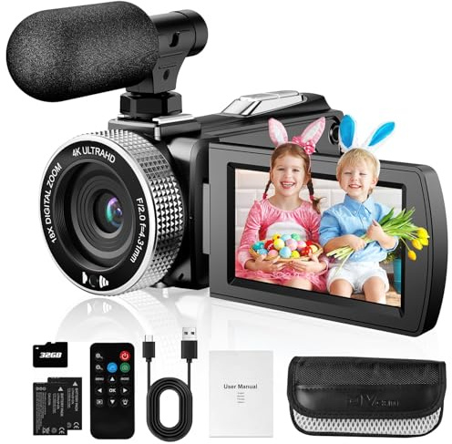 Videocámara digital 4K, 48 MP, 48 MP, 4 K, 60 FPS, videocámara digital para vlogging Youtube, con 2 baterías/tarjeta SD/control remoto