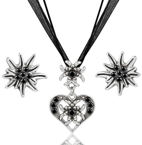 Benaton 3 Stück Trachtenschmuck Damen, Oktoberfest Accessoires Schmuck ZubehöR Set, Bayerisch Dirndlschmuck Trachtenkette mit Strass Edelweiß Herz Anhänger und Edelweiß Ohrstecker(Schwarz)