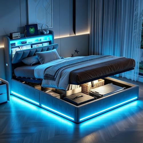 Sängbox 90x200 med LED-belysning och USB, enkelsäng med hydrauliskt förvaringsutrymme och sänggavel, enkelsängar 90x200, stoppade sängar sängram med ribbotten (utan madrass)