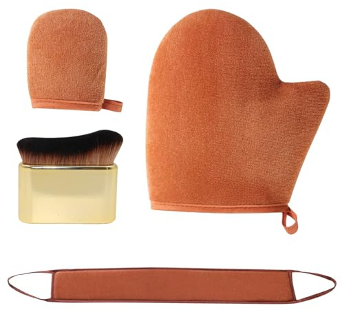 Juego de 4 aplicadores de autobronceado, guante de autobronceado marrón y mini guante de bronceado, cepillo de bronceado facial dorado, aplicador de bronceador de espalda para cuerpo y cara