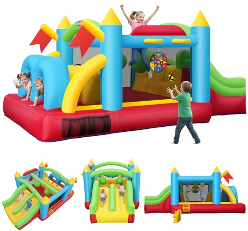 AKEYDIY Gonfiabile per bambini, 4,7 x 2,7 m, 4,7 x 2,7 m, con zona di salto, doppio scivolo, tunnel, pareti da arrampicata, cesti da basket, bersaglio, castello gonfiabile per interni ed esterni