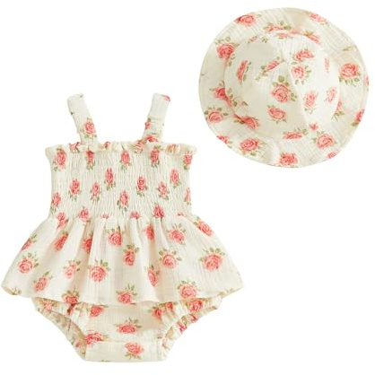 JCOPLY Little Baby Girl Romper Dress with Sunhat Set Sleeveless Bodysuits Smocked Jumpsuit Floral Overalls Infant Summer Clothes Cotton Linen Clothes (Rose, 12-18 Months)
