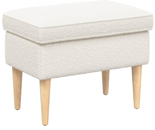 Kaloriko Pall creme Bouclé 55 x 35 x 41 cm, massivt gummiträ, bekväm sittplats, kompakt pall för vardagsrum matsal sovrum, robust stabil utrymmesbesparande bärbar