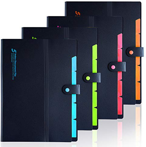 4 Pack Expanding File Folders with 6 Pockets, A4 Letter Size Accordion File Folders, Paper Plastic Filling Folders with Snap Closure Subject Document Organizer for Home & Office