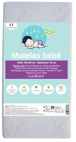 Easy Dort Matelas bébé 70x140 cm | Berceau ou lit bébé | Fabriqué en France | Été & Hiver | Double Face | Très Confortable | Housse en Bambou | Blanc