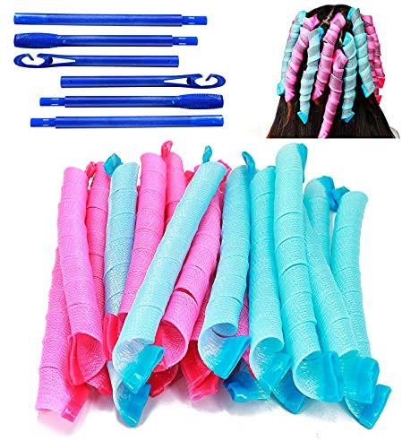 40 Pièces Bigoudis Boucles en Spirale, Bricolage Nuit Sans Chaleur Avec Crochets de Coiffage, Rouleaux Outils de Coiffure pour Femmes (Bleu et Rose, 55 cm)