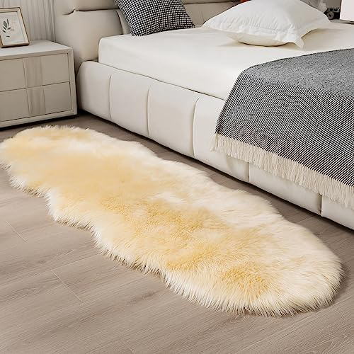 CKLZSAY Faux Fur Rug Runner 2x6 ft Beige - Machine Washable Super Soft Plush Shaggy Fluffy Area Carpet,Sheepskin Rug Fuzzy Floor Mat for Bedroom, Sofa,Living Room, Bedside, Nursery & Kids Room