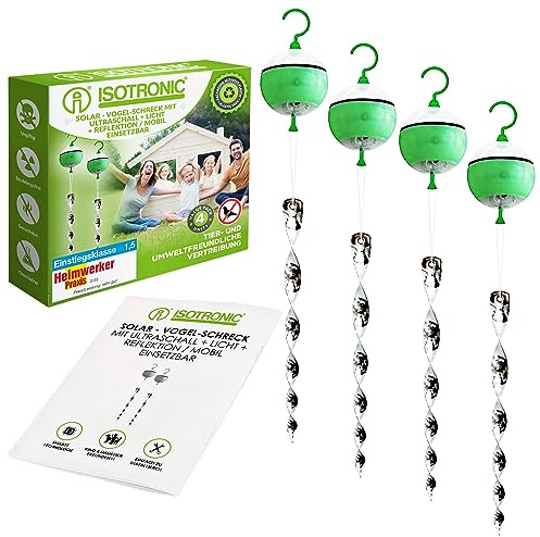 ISOTRONIC Solar Bird Repellent with 4-in-1 Action: Movement, Ultrasound, Blue Light & Silver Reflectors – Bird Scarer to Repel Birds & Pigeons – Pigeon Repellent for Balcony & Garden (4 Pieces)
