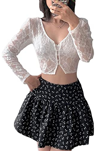 Loalirando Crop-Top Bolero Mujer de Encaje Manga Larga Camisa Corta Sexy Transparente, blanco, S