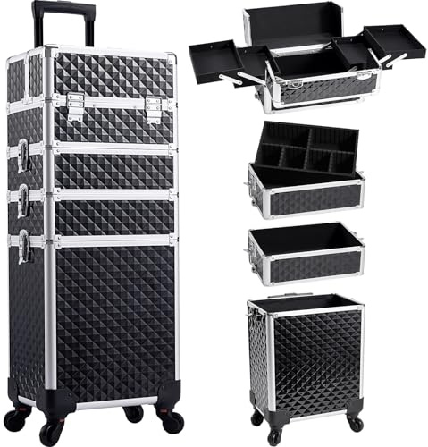 Maletin Maquillaje Maleta Maquillaje Profesional Ruedas Maleta 4 en 1 Maletín Cosmetica Gran Capacidad Caja Maquillaje Maletin para Guardar Maquillaje con Cerradura Organizador de Maquillaje, Negro