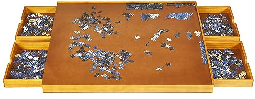 COSTWAY Pusselbord med 4 lådor, pusselplatta för upp till 1000-1500 bitar pussel, pusselbräda trä, pusselbräda med jämn arbetsyta, 80 x 65 cm, CB10439DE, Träfärg, silver