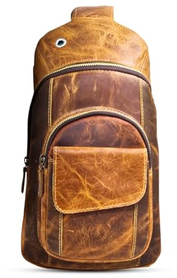 The Tannery Handmade Buffalo Leather Multipurpose Travel Hiking Crossbody Chest Backpack with Adjustable Shoulder Strap, Thanks Giving (Brown, Large)
