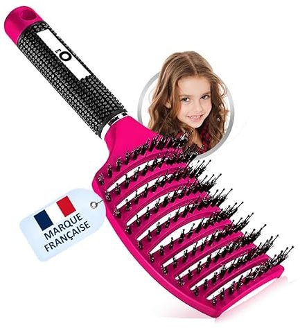 O³ Brosse Poil de Sanglier - Brosse à Cheveux en Poils de sanglier - Démélant Cheveux 100% Naturel (Rose Fuchsia)