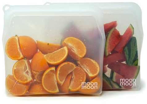 Moonmoon Reusable Silicone Food Bags | Reusable Freezer Bags |Leakproof Food Storage Pouches| Dishwasher & Microwave Safe - 2 Set 900ml (Clear)