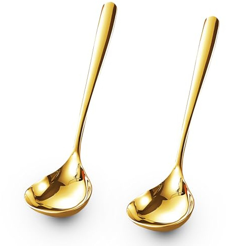Comicfs 2 Pack Gold Gravy Ladle, SUS 304 Stainless Steel Soup Ladle, Small Soup Ladle, Sauce Ladles, Small Serving Ladles for Stirring, Mirror finished Soup Spoon and Dishwasher Safe 8-Inch (Gold)