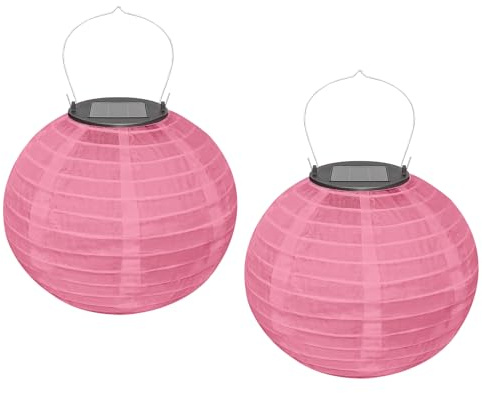 Ledeak 2 Pcs Solar Lantern, Round Ceiling Polyester Light Shade Lantern with Solar Rechargeable LED Lights, 20 cm Chinese Oriental Style Lamp Shade Lantern for Outdoor Garden Festival Decor (Pink)