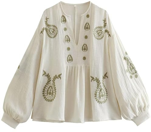 Yimoon Chemisier brodé floral bohème à manches longues bouffantes et col en V pour femme