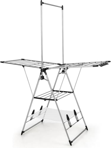 Nightcore Clothes Drying Rack, Foldable 2-Layer Aluminum Drying Rack, Free Standing with Hanging Bar & Height Adjustable Wings, Drying Rack Clothing for Indoor Outdoor