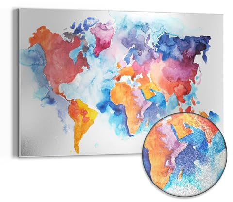 DEQORI Metall Magnettafel | 60x40 cm cm groß | Motiv Welt in Aquarell | Whiteboard für alle Magnete | Magnetboard Wand-Tafel für Küche & Büro | Design Magnetwand Pinnwand magnetisch