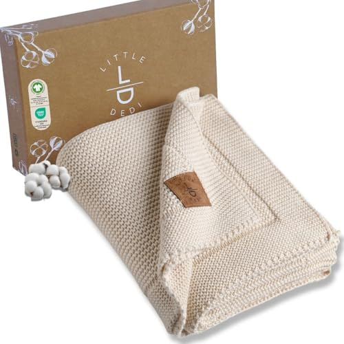 Little Dedi Weiche Babydecke Strick aus 100% Bio-Baumwolle GOTS Zertifizert, 80x100 cm. Naturbeige- Erstausstattung für Neugeborene, in Geschenkbox für Neugeborene Babys