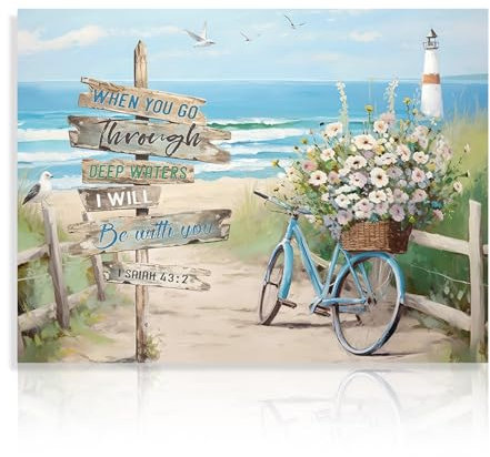 Poster Artistico da Spiaggia per il Bagno, Stampe Murali di Biciclette Costiere, Decorazione Murale Paesaggio Marino, Quadro Blu Spiaggia per la Camera da Letto 30x40 cm Senza Cornice