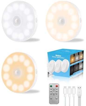 ViKKent 3 Stück 16 LEDs Nachtlicht mit Bewegungsmelder USB Wiederaufladbar, Dimmbar & 3 Farbtemperatur, Magnetisch Kabellos Vitrinenbeleuchtung, für Flur, Küche, Schrank, mit Fernbedienung