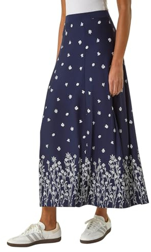 Roman Jersey Skirt for Women UK - Ladies Midi Maxi Floral Animal Print Autumn Winter Swing Smart Casual Office Cocktail Party Going Out Evening Holiday Cruise - Floral Navy - Size 14