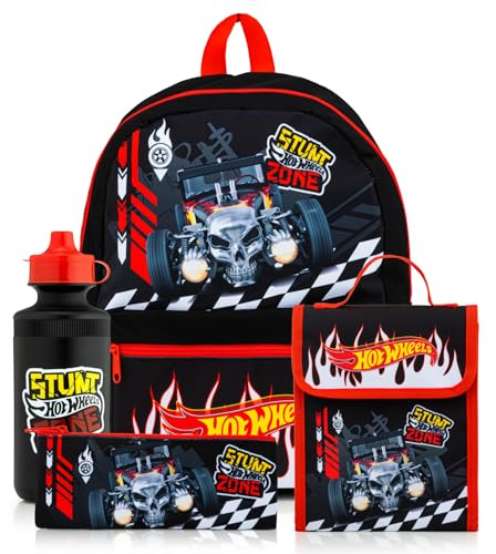 Hot Wheels Kids Backpack 4 Piece School Set Including Lunch Bag, Water Bottle and Pencil Case. Back to School Set