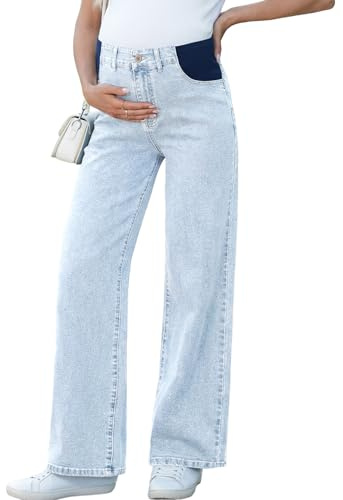 BLENCOT Women's Maternity Pants Wide Leg Pregnancy Jeans with Pockets Pregnant Clothes Beau Blue Medium
