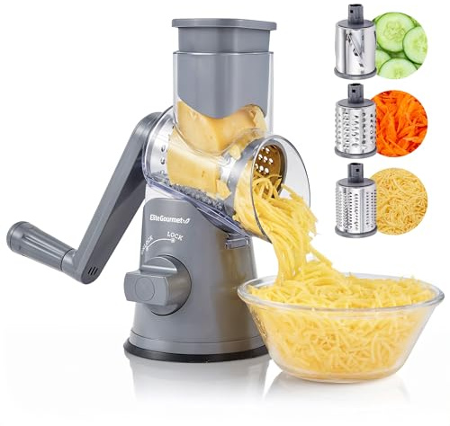 Elite Gourmet EFP593 Rotary Cheese Grater with 3 Stainless-Steel Blades for Slicing, Shredding & Fine Shredding, Strong Suction Base, Dishwasher-Safe, Gray
