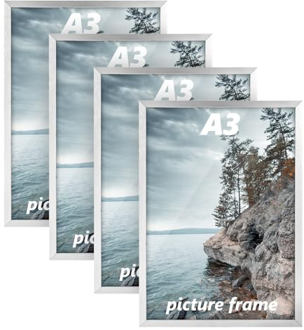 LOPYXBR Lot de 4 cadres photo A3 argentés - 21 x 29,7 cm - Format A3 - Cadre portrait moderne en aluminium avec verre acrylique incassable