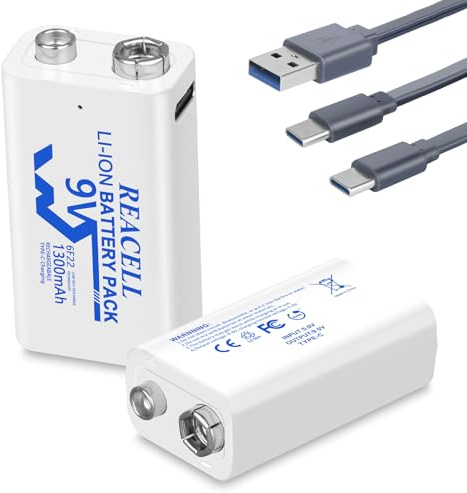 REACELL 2X 9V Batería Recargable, 1300mAh Lithium Batería con Cable de Carga USB-C 2 en 1 para Alarmas de Humo, Sirenas, Micrófonos, Multímetros
