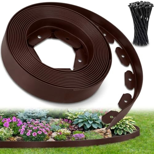 Ediesi, Bordura per giardino 10 m flessibile, bordo aiuole plastica resistente 5 mm, bordatura giardino per prato vialetti, installazione facile con 30 picchetti (Marrone, 10 metri)