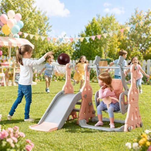 Tobogán infantil 4 en 1 con columpio, tobogán para bebés de área de juegos interior y exterior con un columpio, un tobogán, una escalera y una cesta de baloncesto, tobogán multifuncional (rosa, A)