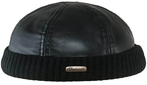 Sterkowski Navy Watch Mens Beanie Hat | 100% Natural Leather Beanies Hats Warm Skull Cap Sailor Men Winter Docker Brimless 59 cm Black