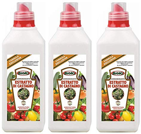 Estratto di legno DI CASTAGNO ad alto titolo di tannino per Ortaggi, Pomodoro, Vite, Giardinaggio, Frutticoltura, 3 flaconi da 1 kg per un totale di 3 kg