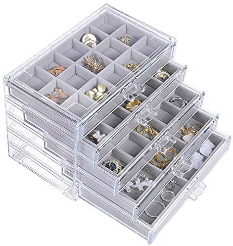 misaya Earring Jewelry Organizer with 5 Drawers, Birthday Present, Clear Acrylic Jewelry Box for Women, Velvet Earring Display Holder for Earrings Ring Bracelet Necklace, Gray