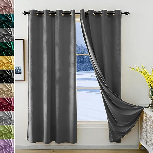 Cortinas Terciopelo 1 Piezas, Cortinas SalóN Modernas con Ojales, Cortina Termica Aislante Frio 140 x 210 cm(AnchoxAlto), Cortina Blackout Aislamiento Acustico, para Habitacion Dormitorio, Gris oscuro