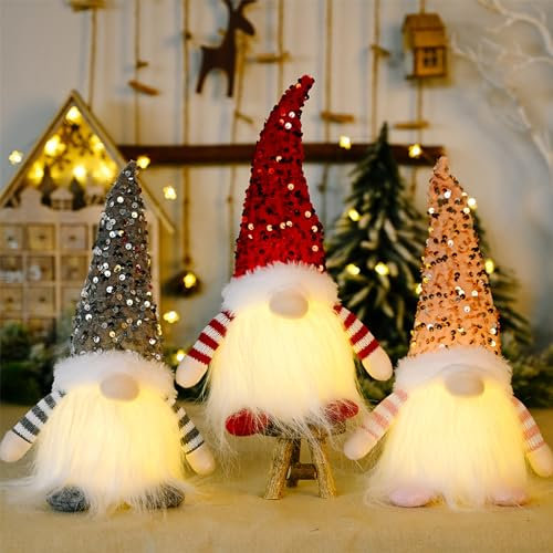 NSXIN Weihnachten Deko Wichtel Figuren, Leuchtende Weihnachtswichtel Weihnachtsdeko mit Beleuchtung, Weihnachtsdorf LED Santa Zwerg Geschenke für Familie Freunde (Stil C/3 Stück Pailletten)