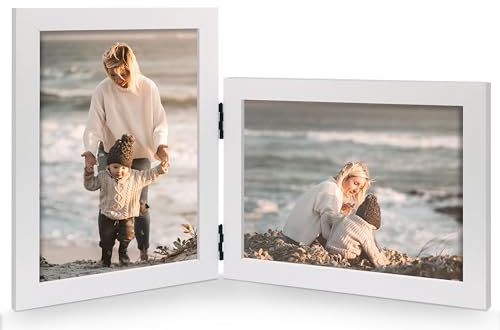 JD Concept Vertical Horizontal Combo, Double 5x7 White Wood Foldable Picture Frame, Opening 4.5x6.5, Desktop or Wall Mounted, Portrait and Landscape View