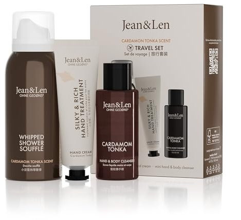 Jean & Len Kit de Voyage Cardamome et Tonka, avec Produits pour Le Corps et l’Esprit, Petit Cadeau ou Attention, Boîte Certifiée FSC, Format Voyage, Végan