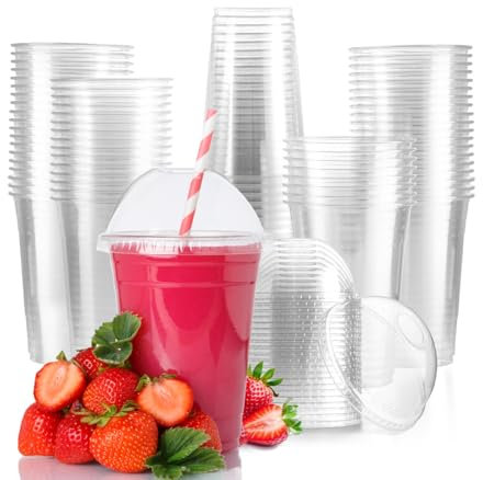MAX SOLUTIONS Vasos de plástico para batidos con tapas de cúpula, café helado, batidos, té de burbujas, reutilizables, vasos de plástico transparente, desechables, lavables a mano (25, 16 onzas