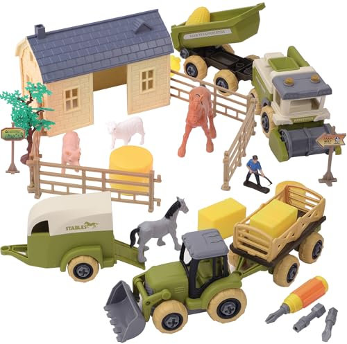 Herefun Bauernhof Traktor Spielzeug, Bauernhof Tiere Spielzeug Set mit Haus, Vieh und Abnehmbarer Wagen, Traktor Spielzeug ab 2 Jahre, Geburtstag Geschenke 2 3 4+ Jahre