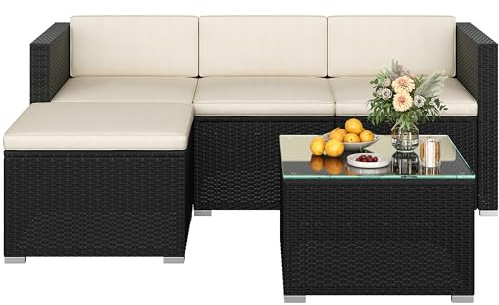 Yaheetech Set Mobili da Giardino 5 Pezzi in Rattan PE, 2 Divani Angolari, Divano Poggiapiedi con Cuscini e Tavolo Laterale per Patio Balcone e Terrazza Nero/Beige